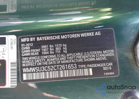 2012 Mini Cooper from USA, damaged, VIN WMWSU3C52CT261653
